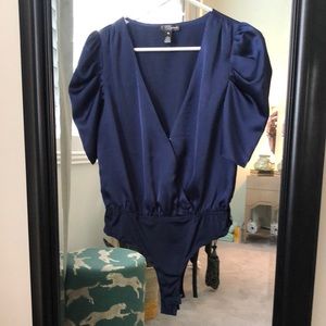 Navy satin aqua bodysuit NWOT small